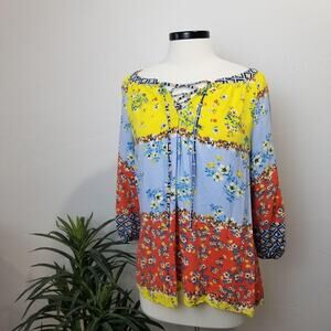 Fig and Flower Blouse Womens XL Multicolor Floral Boho Peasant Rayon Patchwork